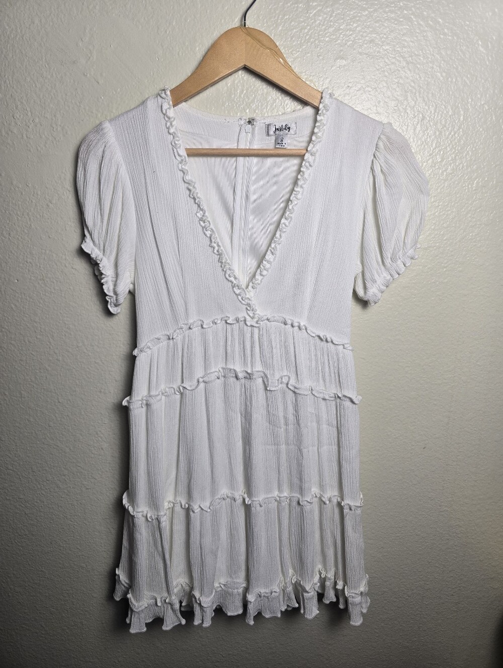 Justify White Ruffled V-Neck Mini Dress
